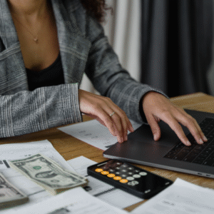 Illustration du pack Saving You, une femme élégante travaille sur son ordinateur